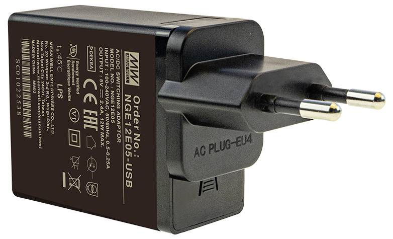 Chargeur USB noir pour prises électriques européennes avec spécifications techniques et certifications de sécurité sur le côté.