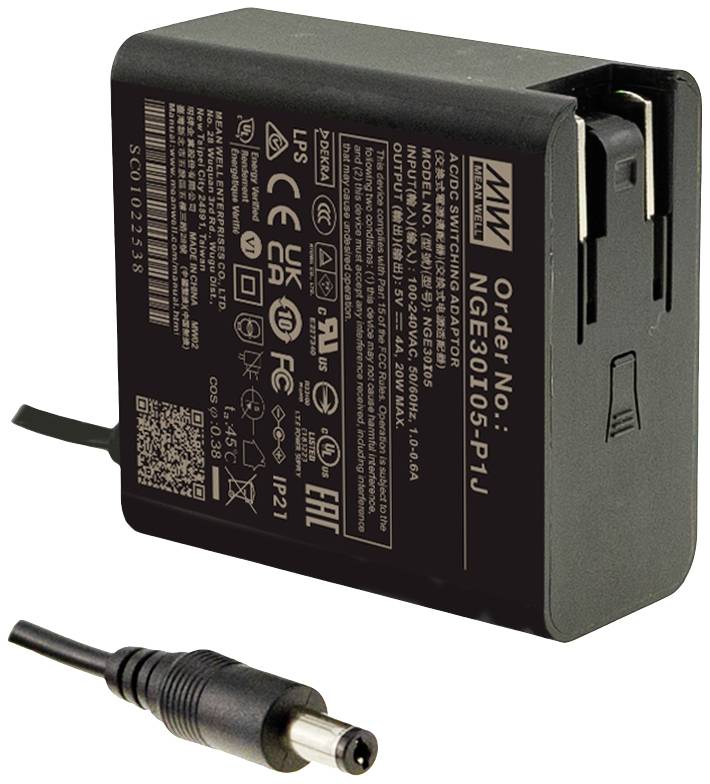 Un bloc d'alimentation noir portant l'inscription 'MEAN WELL' et 'Order No: NGE301205-P1J'. Un câble avec un connecteur rond est branché.