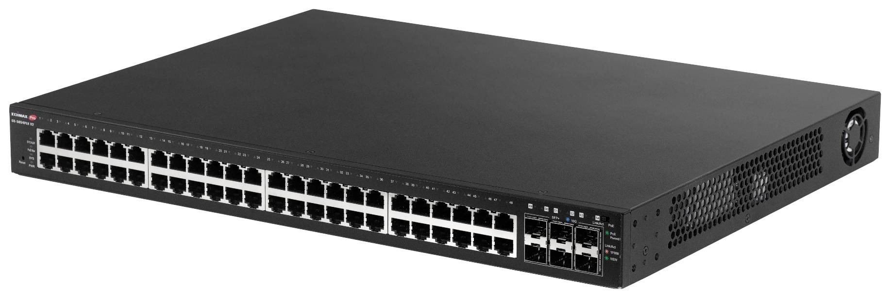 Un commutateur réseau noir avec 48 ports Ethernet et plusieurs ports SFP à l'avant. Appareil pour les connexions de données.