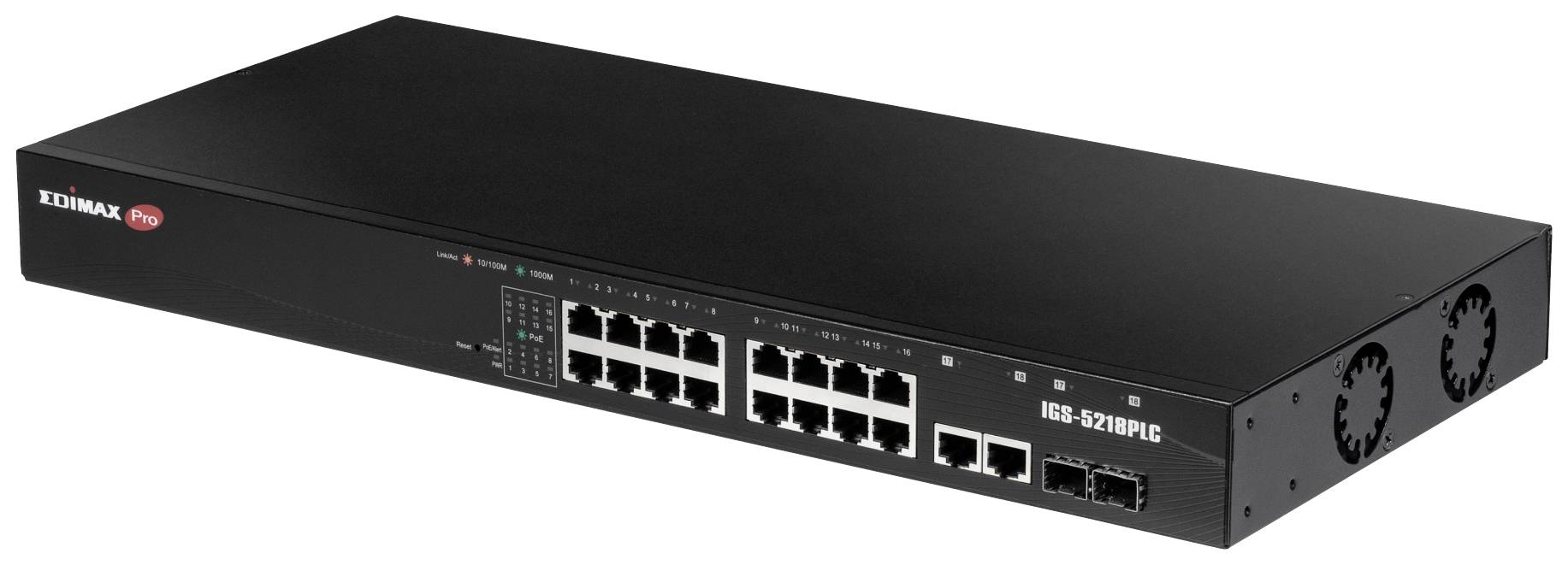 Un commutateur réseau avec 24 ports Ethernet et 4 ports de fibre optique supplémentaires. L'appareil affiche 'Edimax Pro'.
