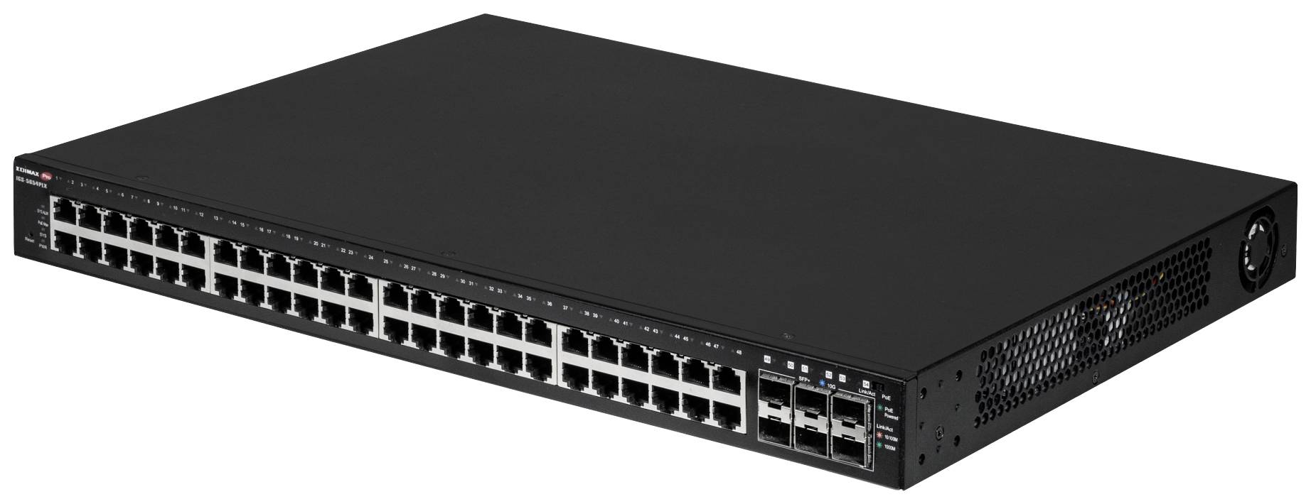 Un commutateur réseau noir avec 48 ports Ethernet et 4 ports SFP. Adapté pour une utilisation dans de grandes infrastructures informatiques.