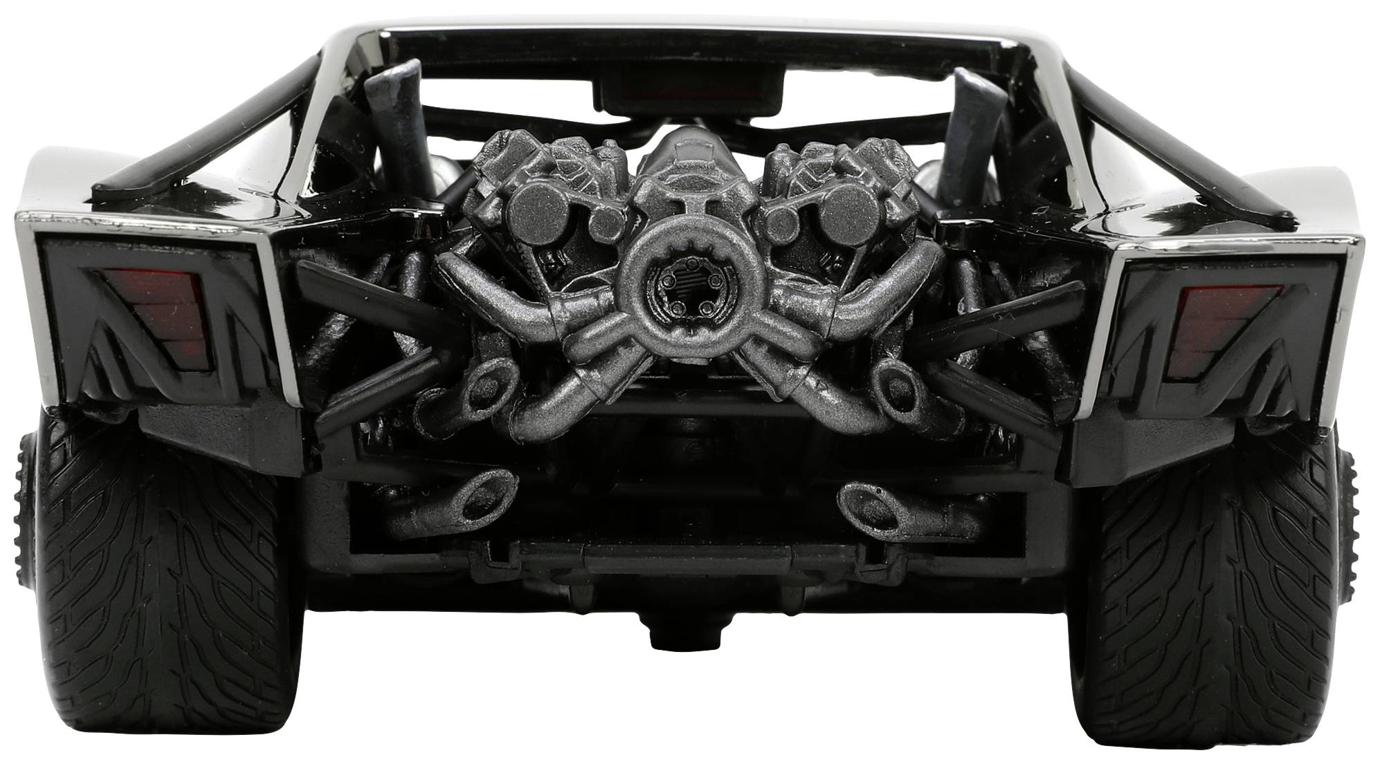 Vue arrière d'une voiture de sport noire avec moteur apparent et pneus larges.