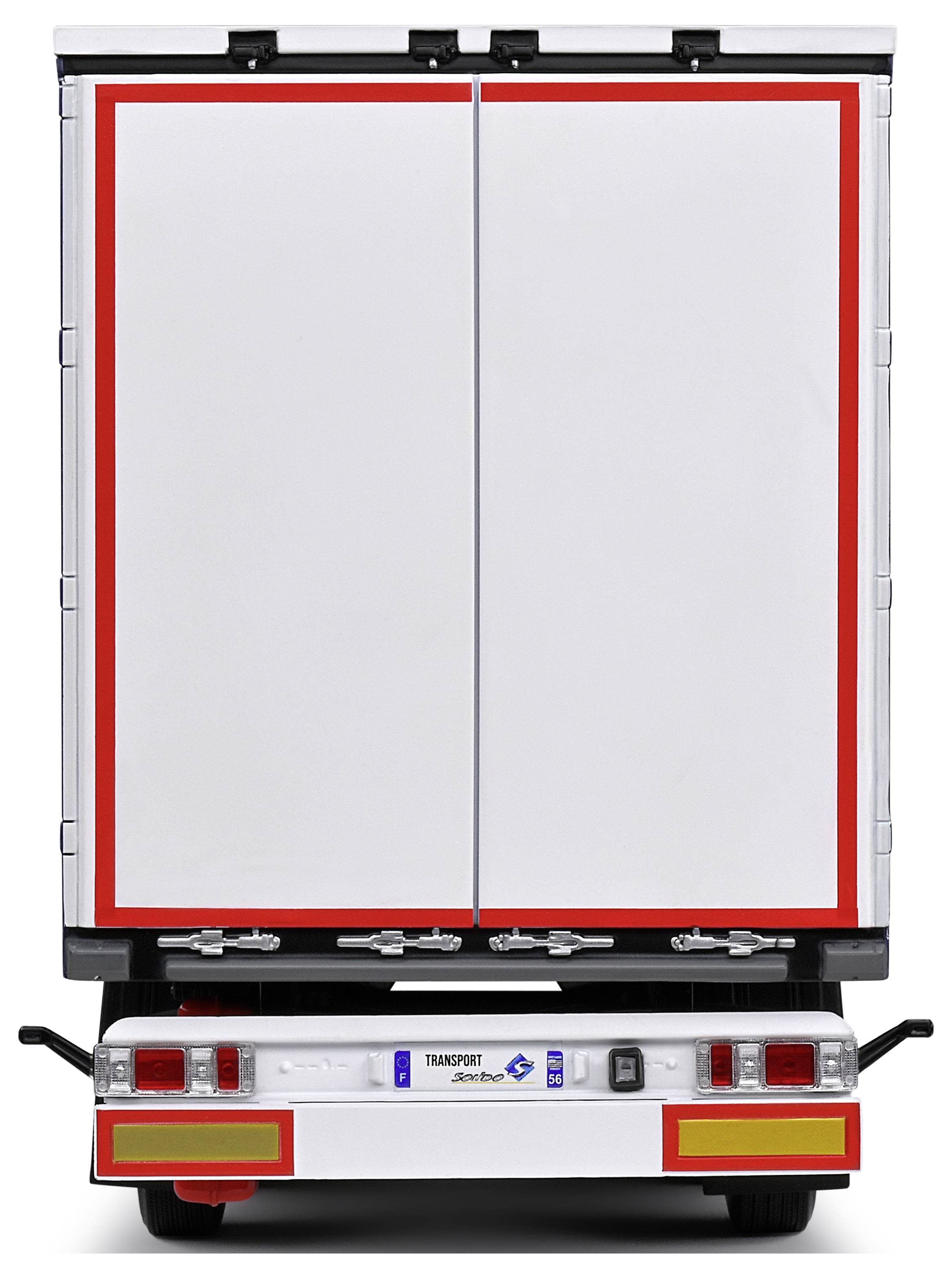 Vue arrière d'un camion blanc avec un cadre rouge sur les portes.