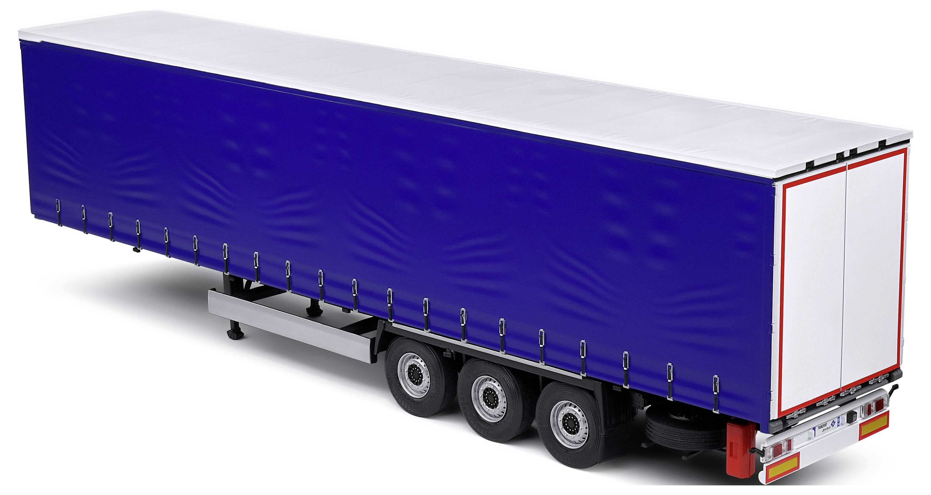 Un remorque de camion bleu à trois essieux est visible de côté. Il a une partie supérieure de couleur argent et des feux arrière rouges.
