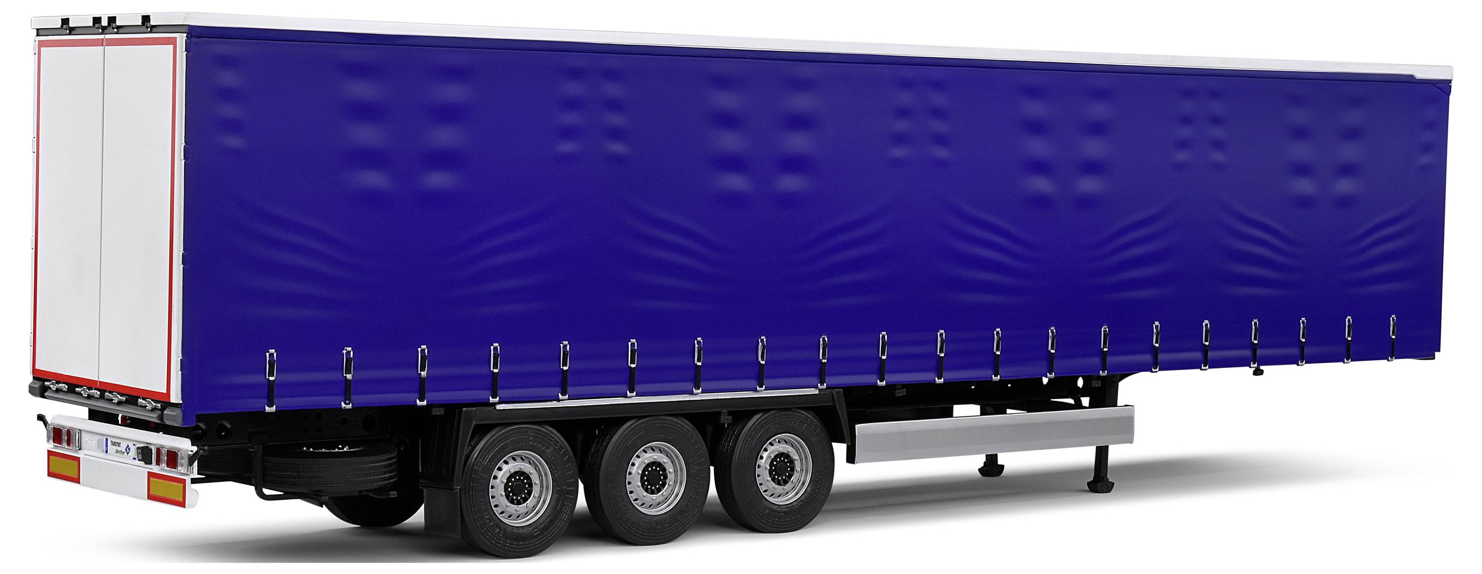 Un remorque de camion bleue à trois essieux avec des portes arrière blanches est garée sur l'asphalte.