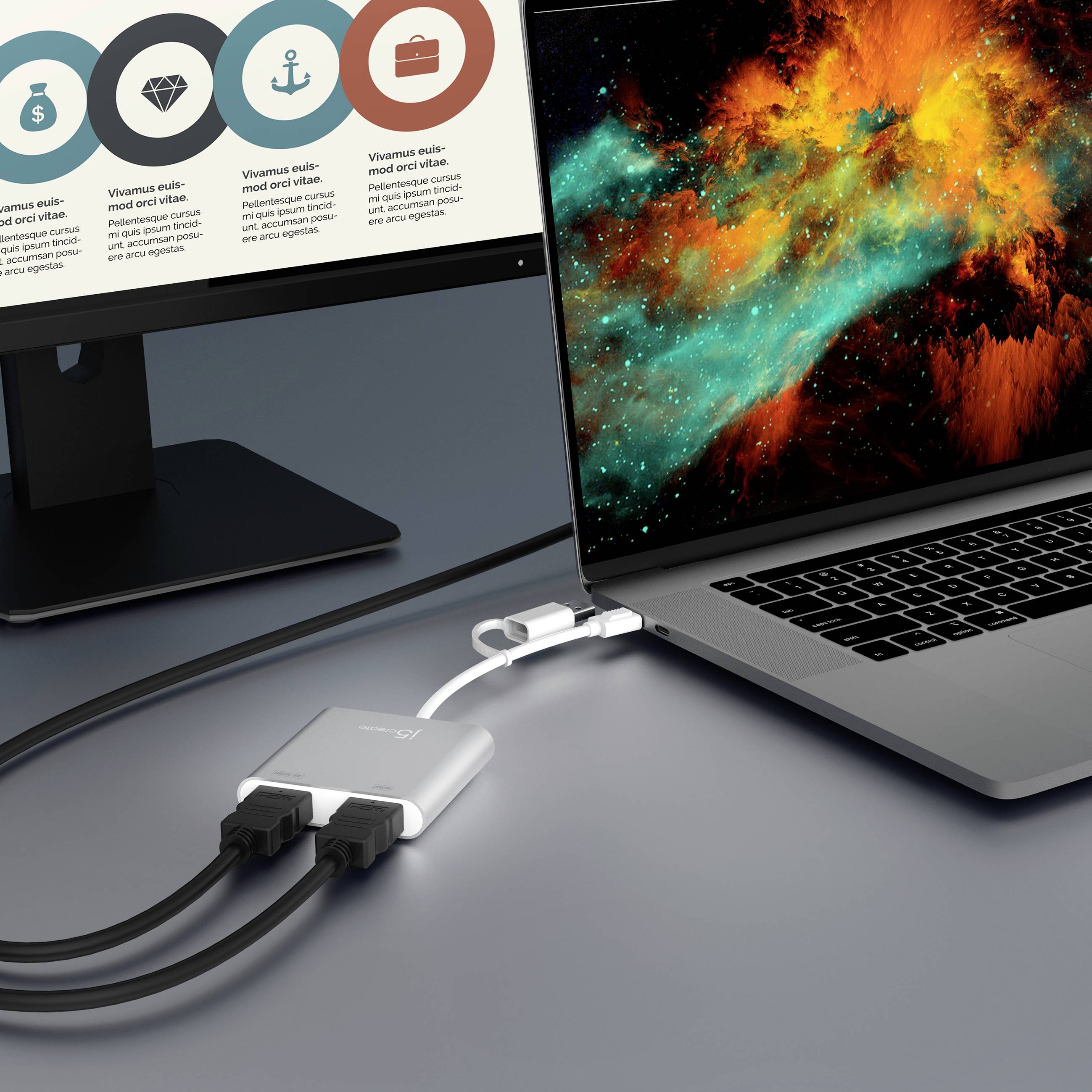 j5create JCA365 USB-C® / USB 3.0 Adaptateur [1x USB-C®, USB 3.2 Gen 1 (USB 3.0) - 2x HDMI®] argent 0.2 m