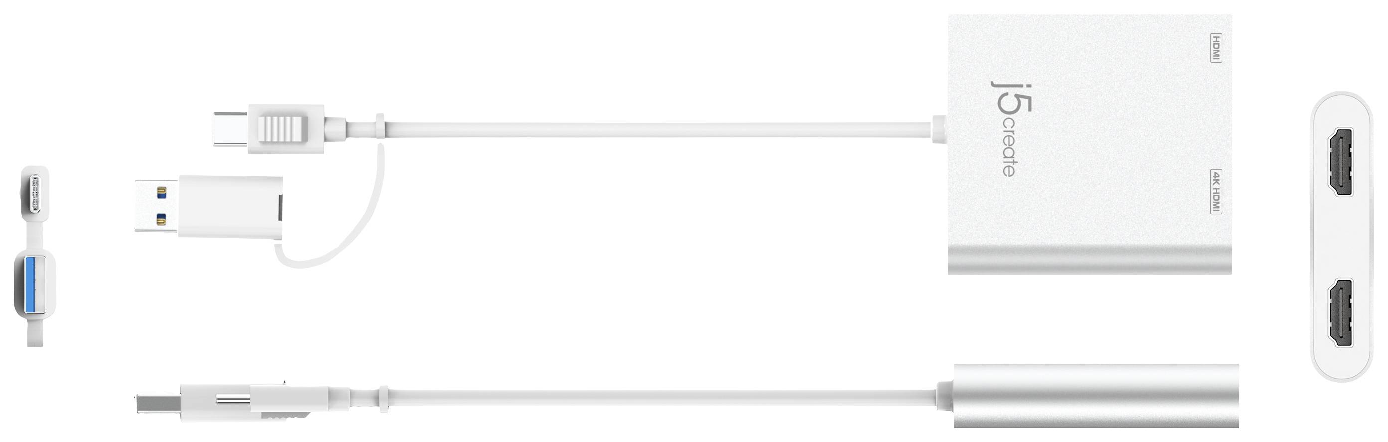 j5create JCA365 USB-C® / USB 3.0 Adaptateur [1x USB-C®, USB 3.2 Gen 1 (USB 3.0) - 2x HDMI®] argent 0.2 m