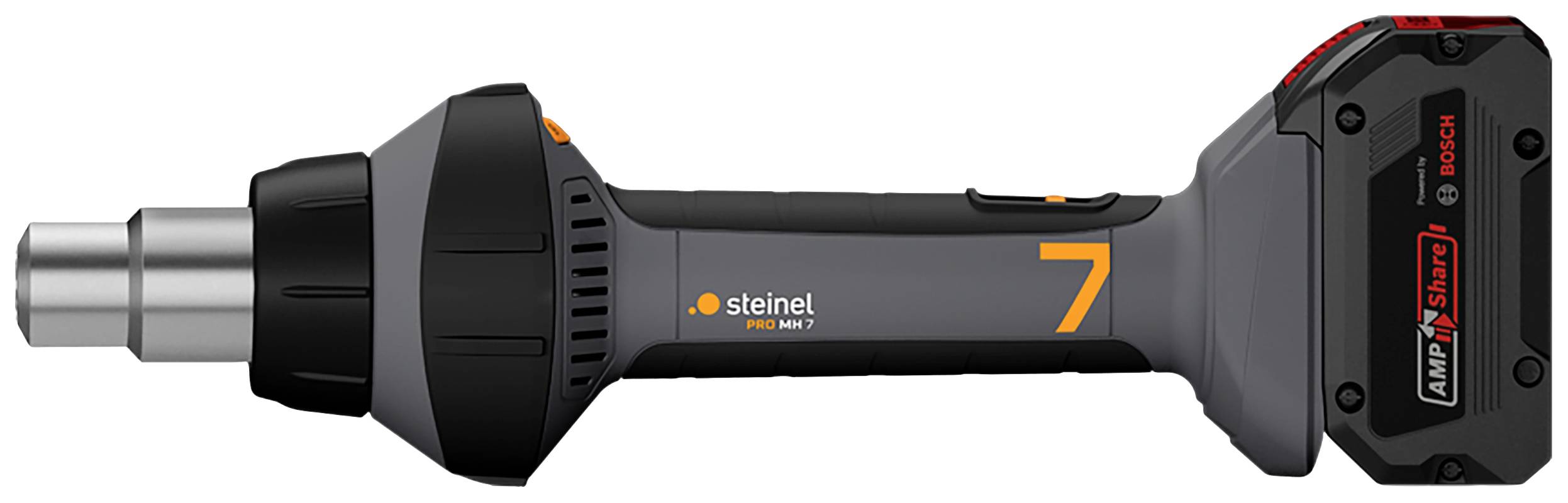 Un sèche-soufflant sans fil gris de la marque Steinel, avec un numéro orange 7 et une batterie dans la poignée, photographié de côté.