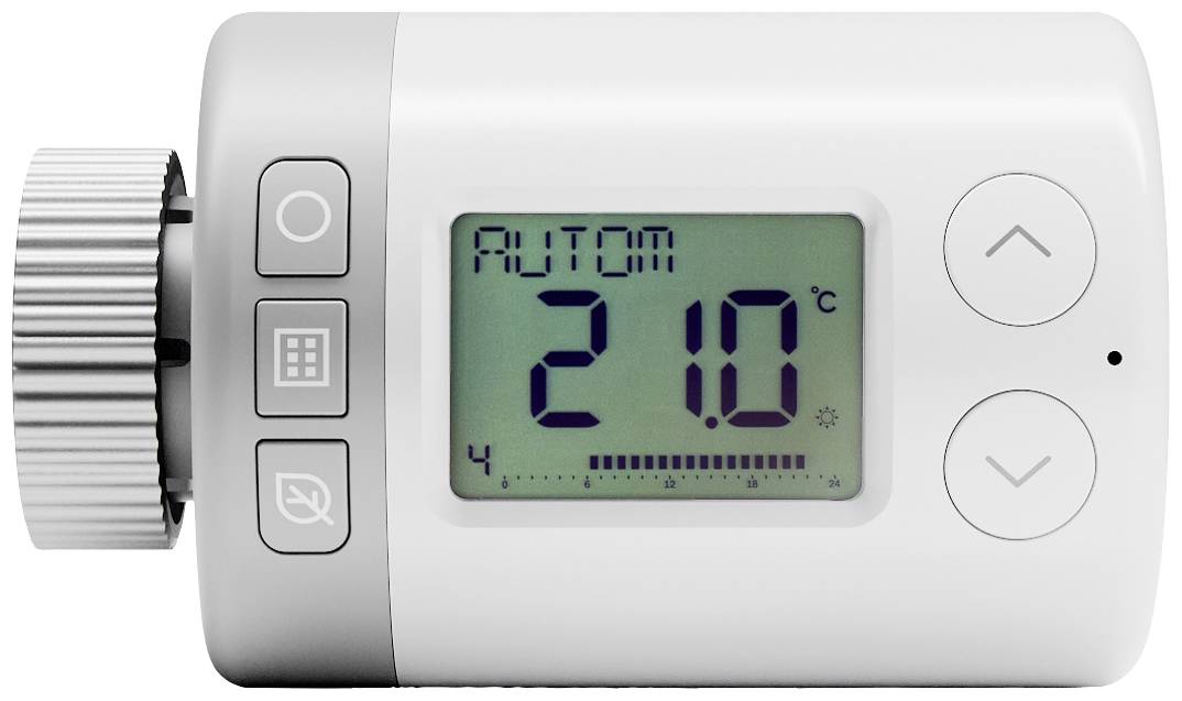 Thermostat de radiateur numérique réglé sur 21 degrés Celsius. L'écran LCD affiche 'AUTO'. Touches de réglage de température visibles.