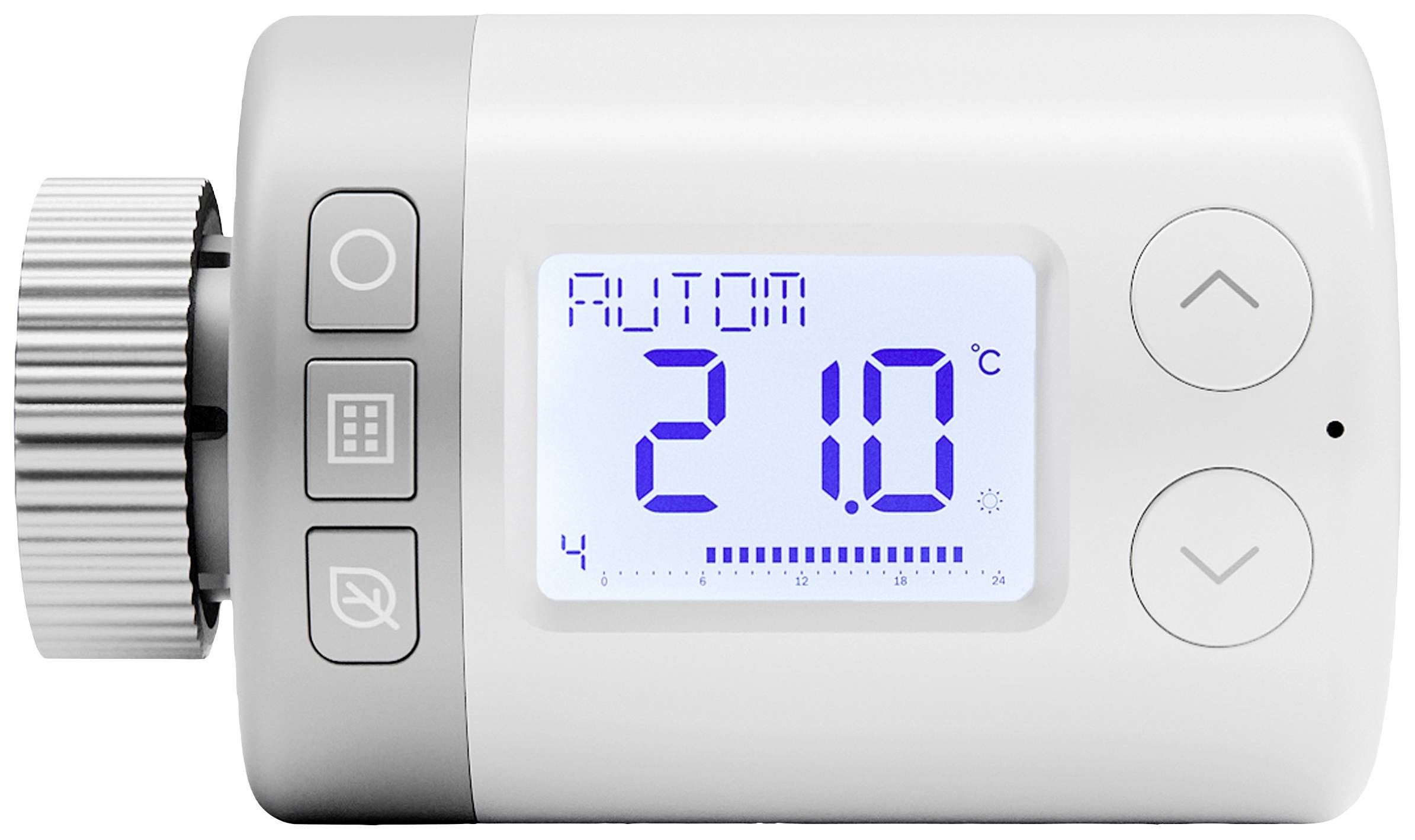 Thermostat électronique de radiateur affichant '21,0 °C' sur l'écran, avec des touches fléchées pour le réglage de la température et des symboles de modes.