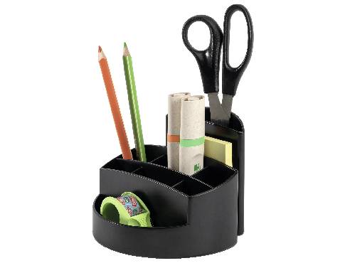 Support-stylos noir avec ciseaux, crayons de couleur, notes autocollantes, ruban adhésif et stylos dans des compartiments. Idéal pour l'organisation de bureau.