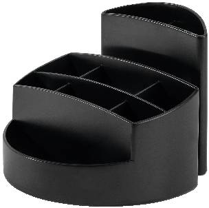 Organisateur de bureau rotatif noir avec plusieurs compartiments pour stylos, trombones et autres accessoires de bureau.