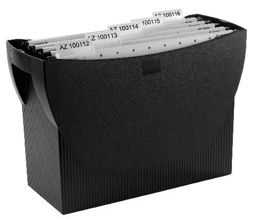 Système de classeur noir avec dossiers suspendus amovibles et étiquetés, identifiés de 'AZ 100112' à 'AZ 100116'.