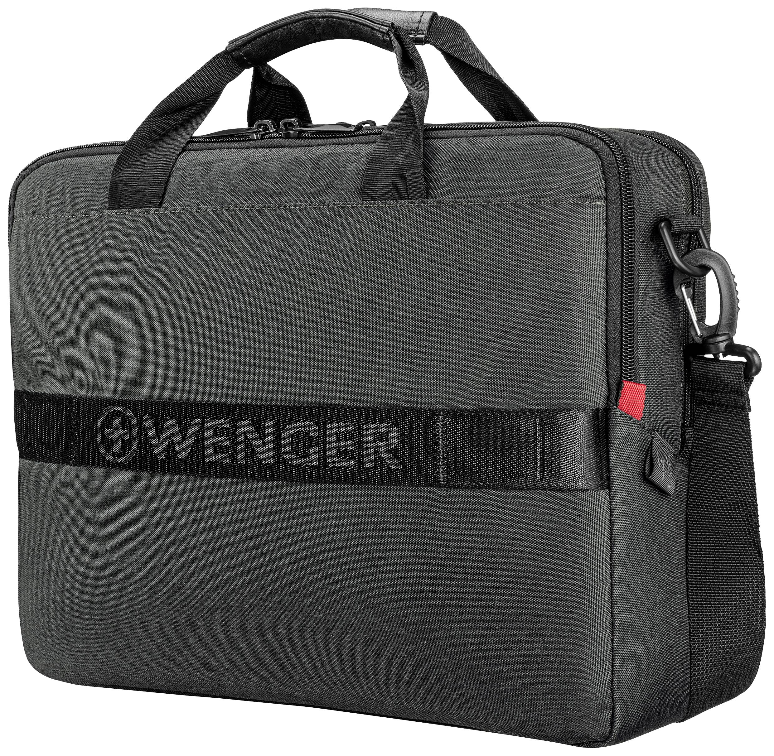 Un attaché-case noir avec une poignée et une bandoulière, représenté de profil. Le logo 'WENGER' est visible sur le sac.