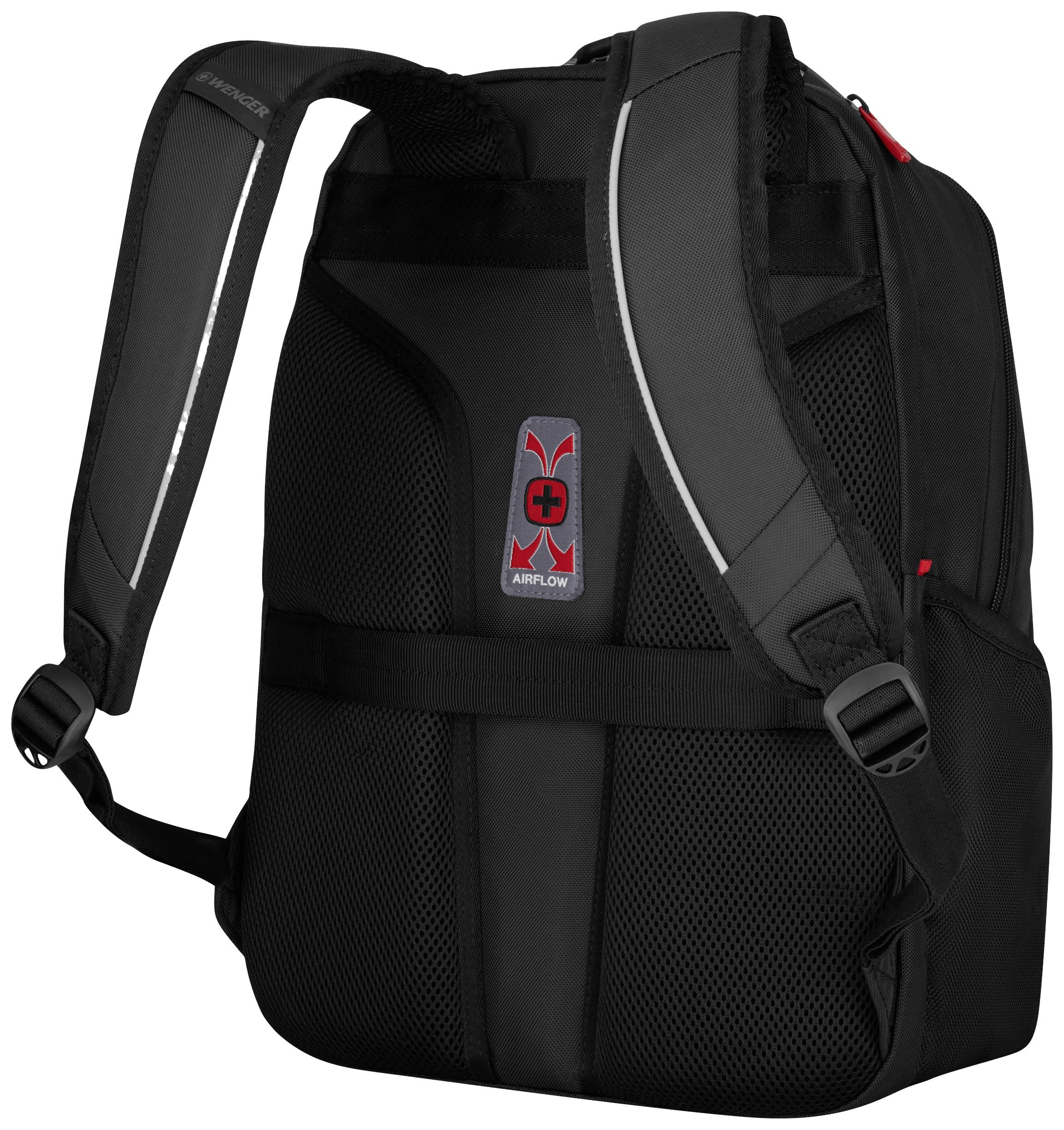 Un sac à dos noir avec des bretelles rembourrées et des détails rouges ; le logo de la marque visible au dos.