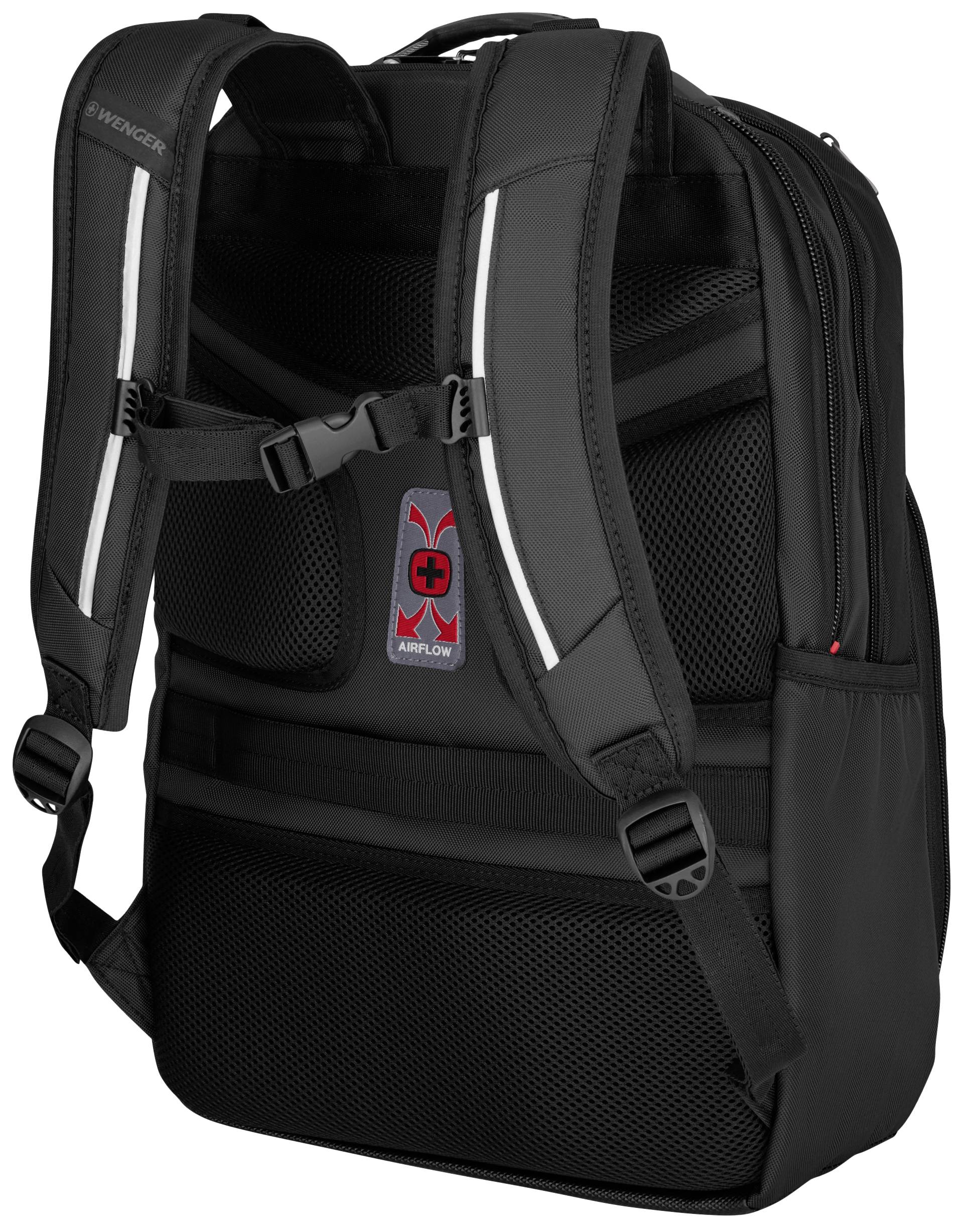 Sac à dos noir avec sangles réglables et détails réfléchissants, montrant l'arrière avec un rembourrage en maille pour une ventilation optimale.