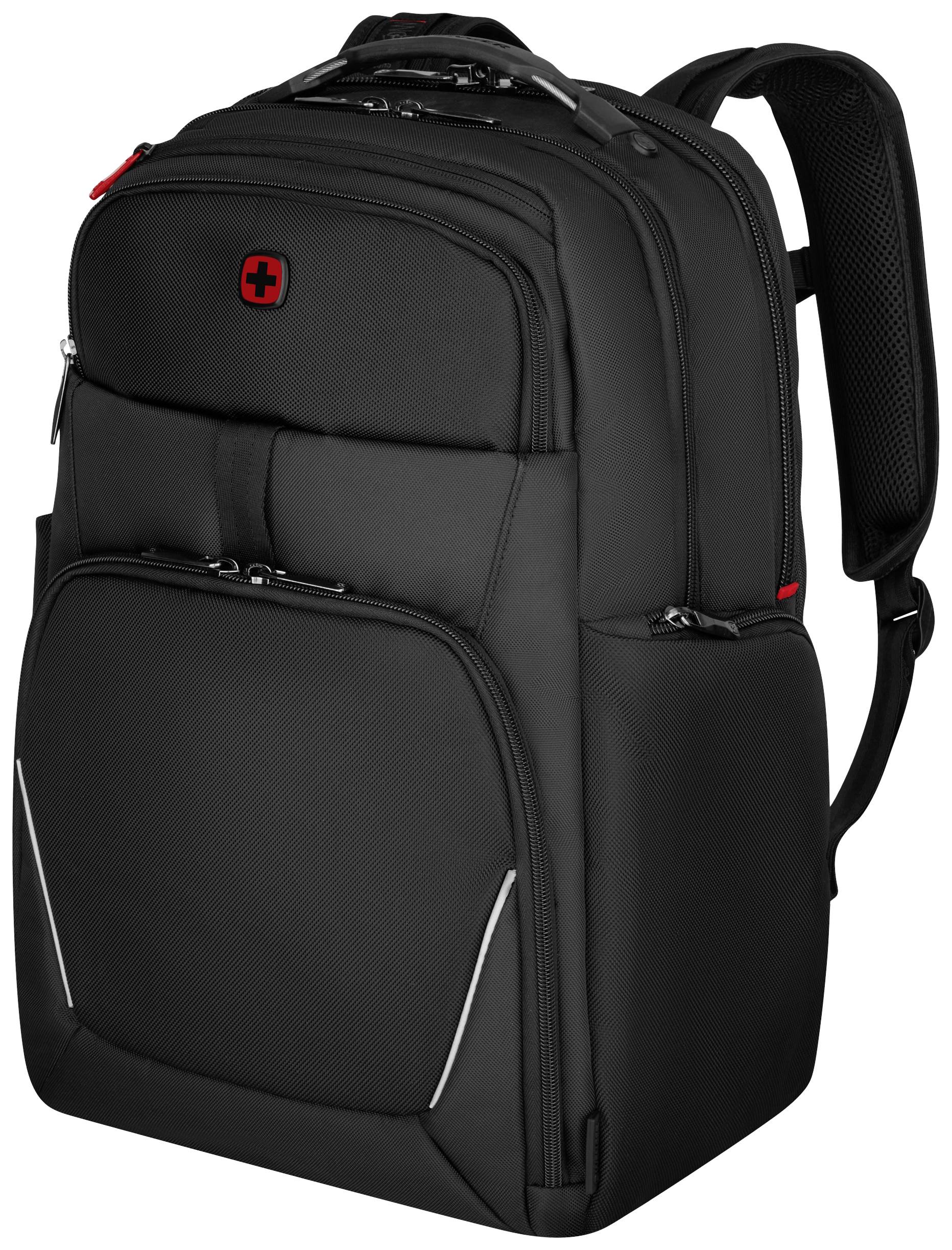 Un sac à dos noir avec plusieurs compartiments et un logo rouge sur l'avant. Adapté pour les voyages ou l'usage scolaire.