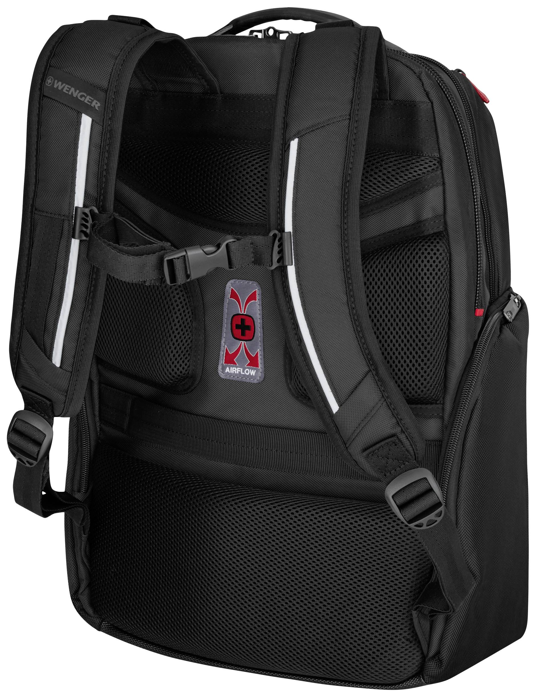 Sac à dos noir vu de dos, avec des bretelles rembourrées, un système de circulation d'air et plusieurs boucles pour le confort et la stabilité.