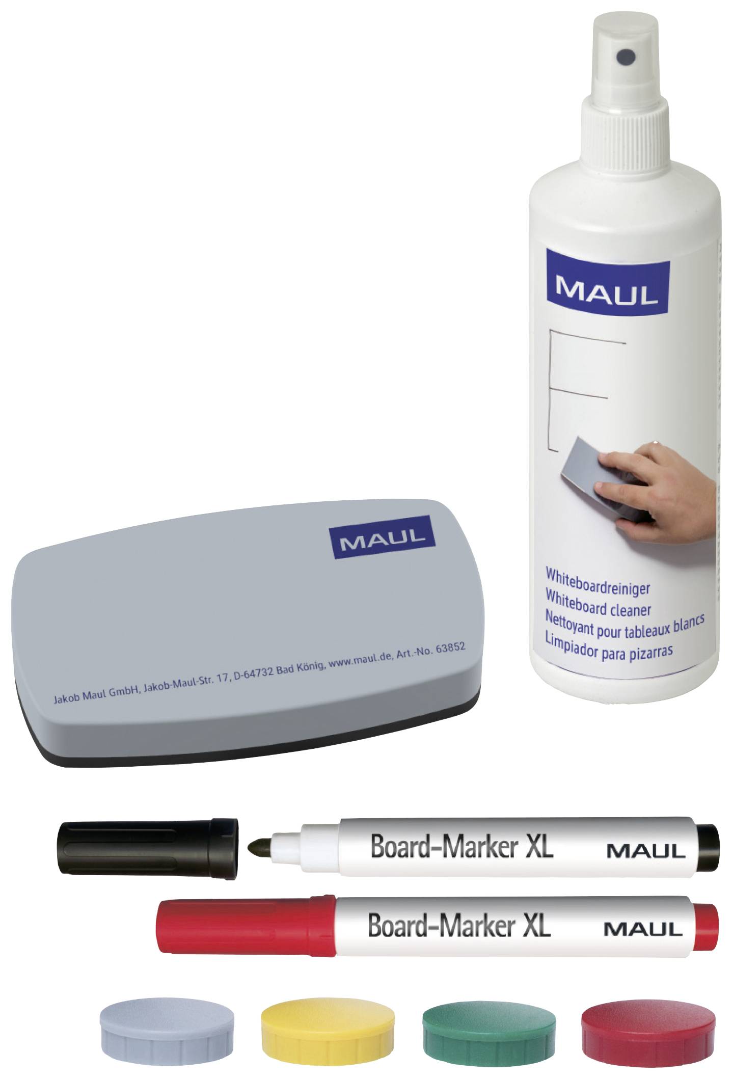 Ensemble d'accessoires pour tableau blanc comprenant un nettoyant pour tableau, une gomme, deux marqueurs noirs et quatre aimants ronds de différentes couleurs.