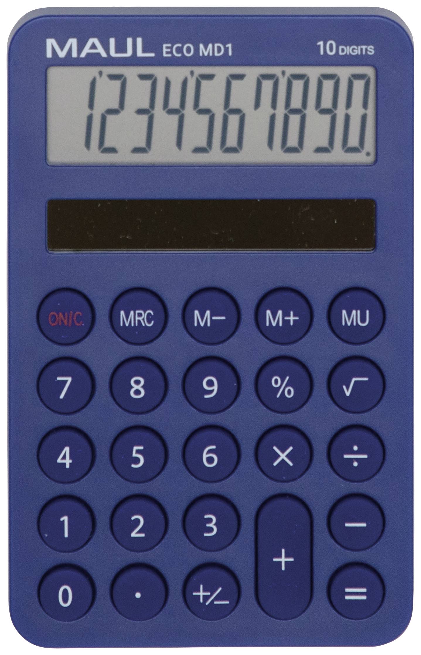 Calculatrice bleue affichant '1234567890', avec des touches pour les fonctions mathématiques de base. Nom de marque 'MAUL' en haut à gauche.