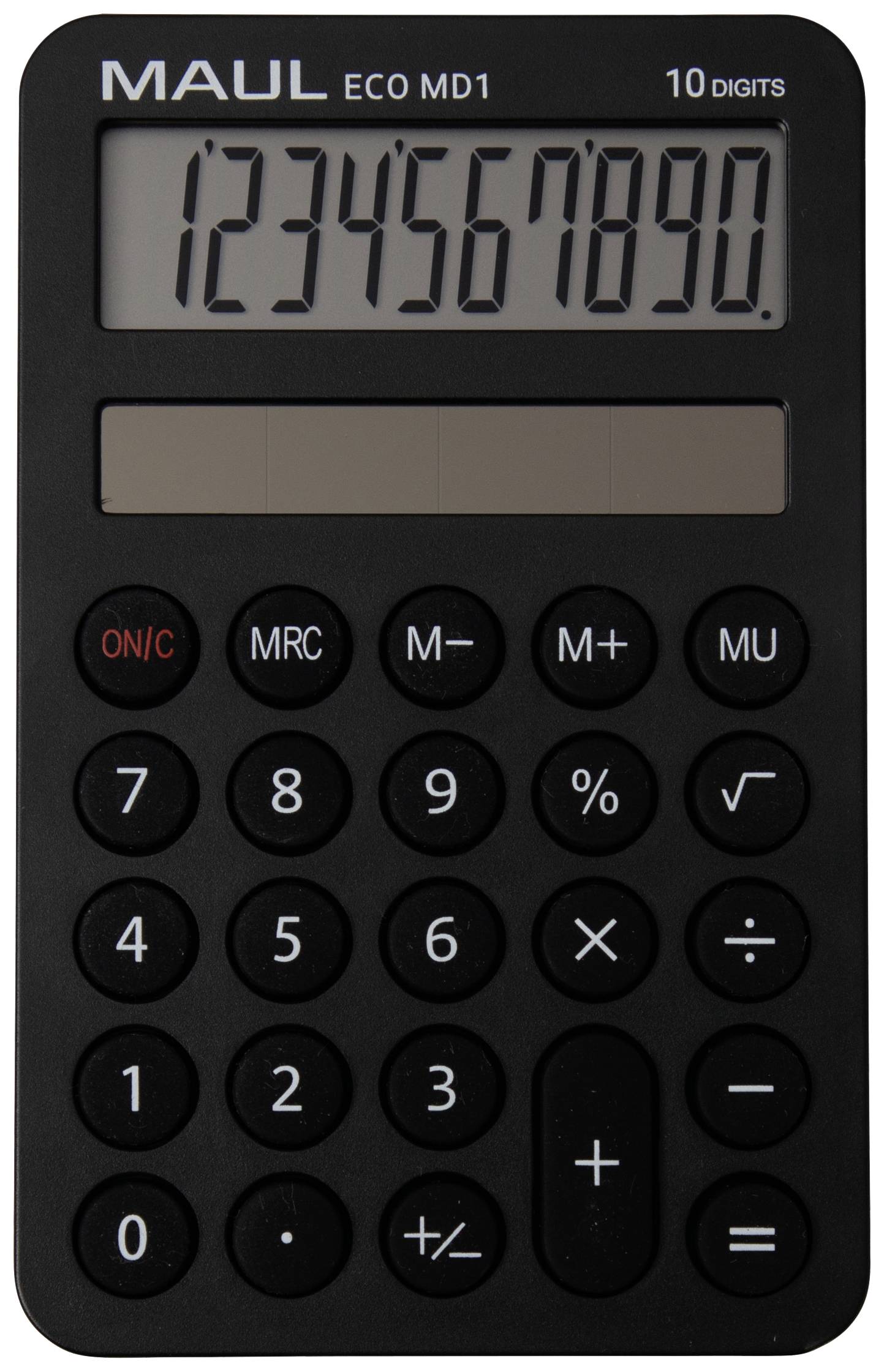 La calculatrice affiche les chiffres '1234567890' sur son écran. Elle dispose de touches pour les opérations mathématiques de base.