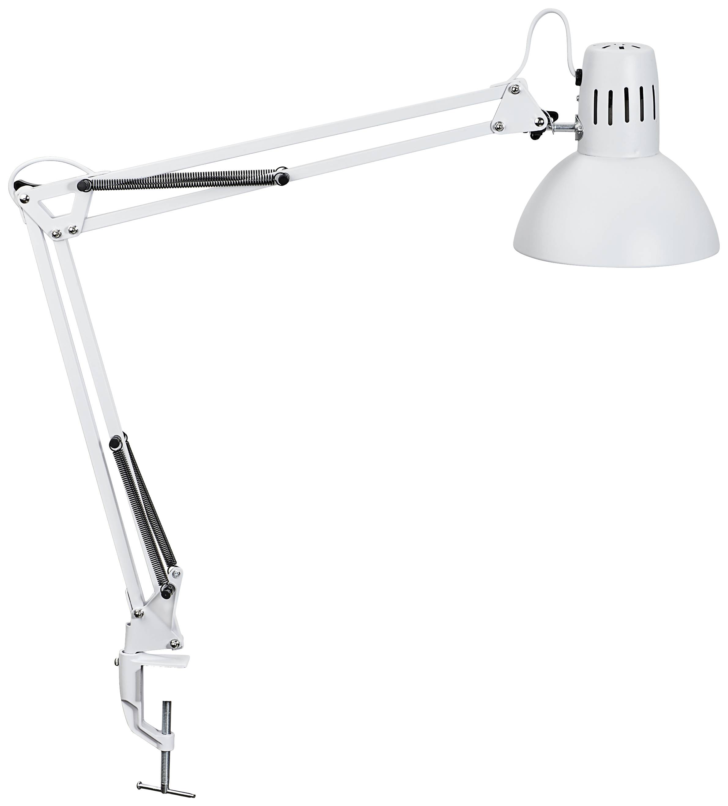 Lampe de bureau blanche avec bras ajustable et pince de fixation. Idéale pour un éclairage précis au travail.