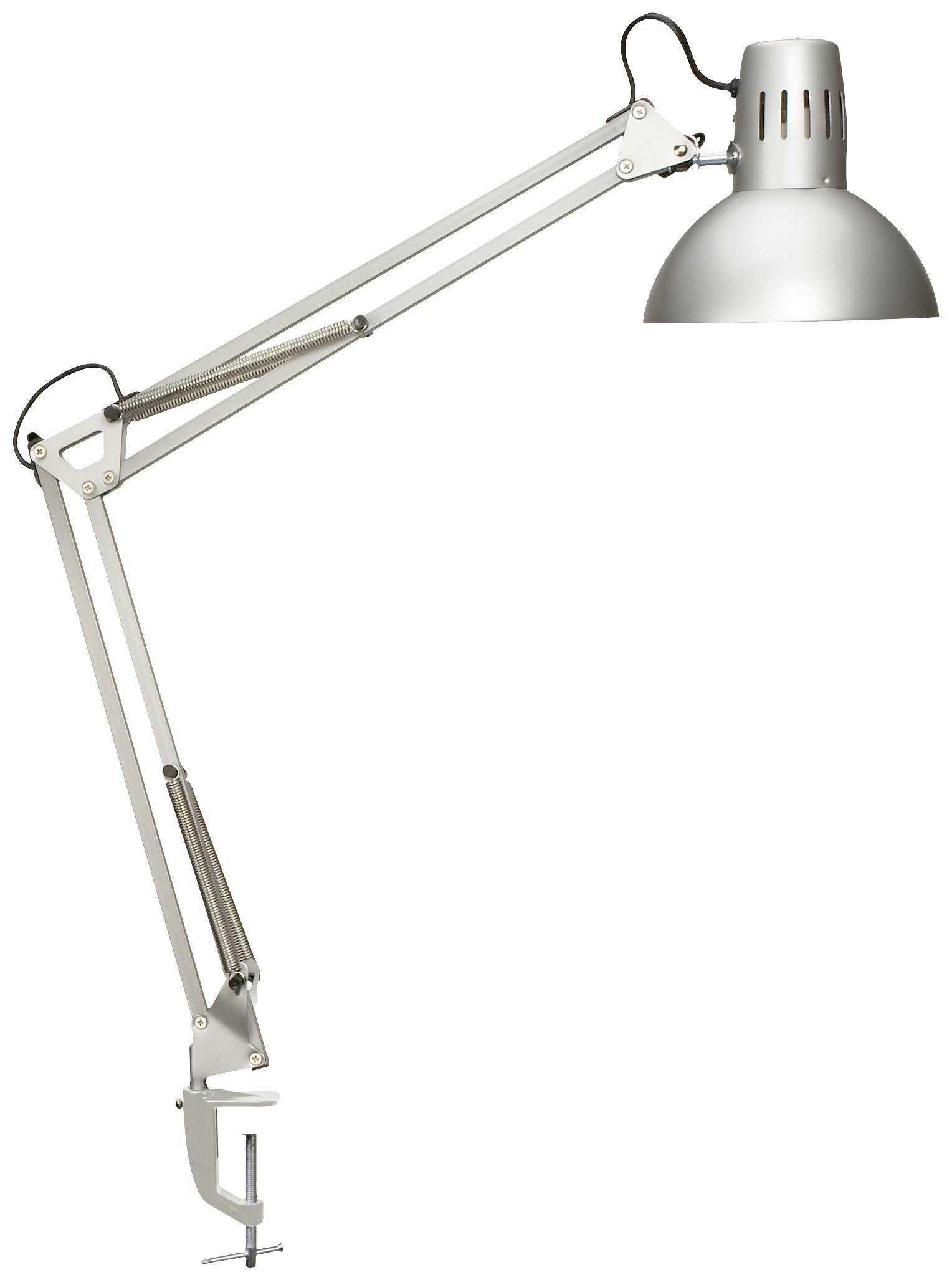 Lampe de bureau argentée avec bras ajustable et pince de fixation pour accrocher au bord d'une table.