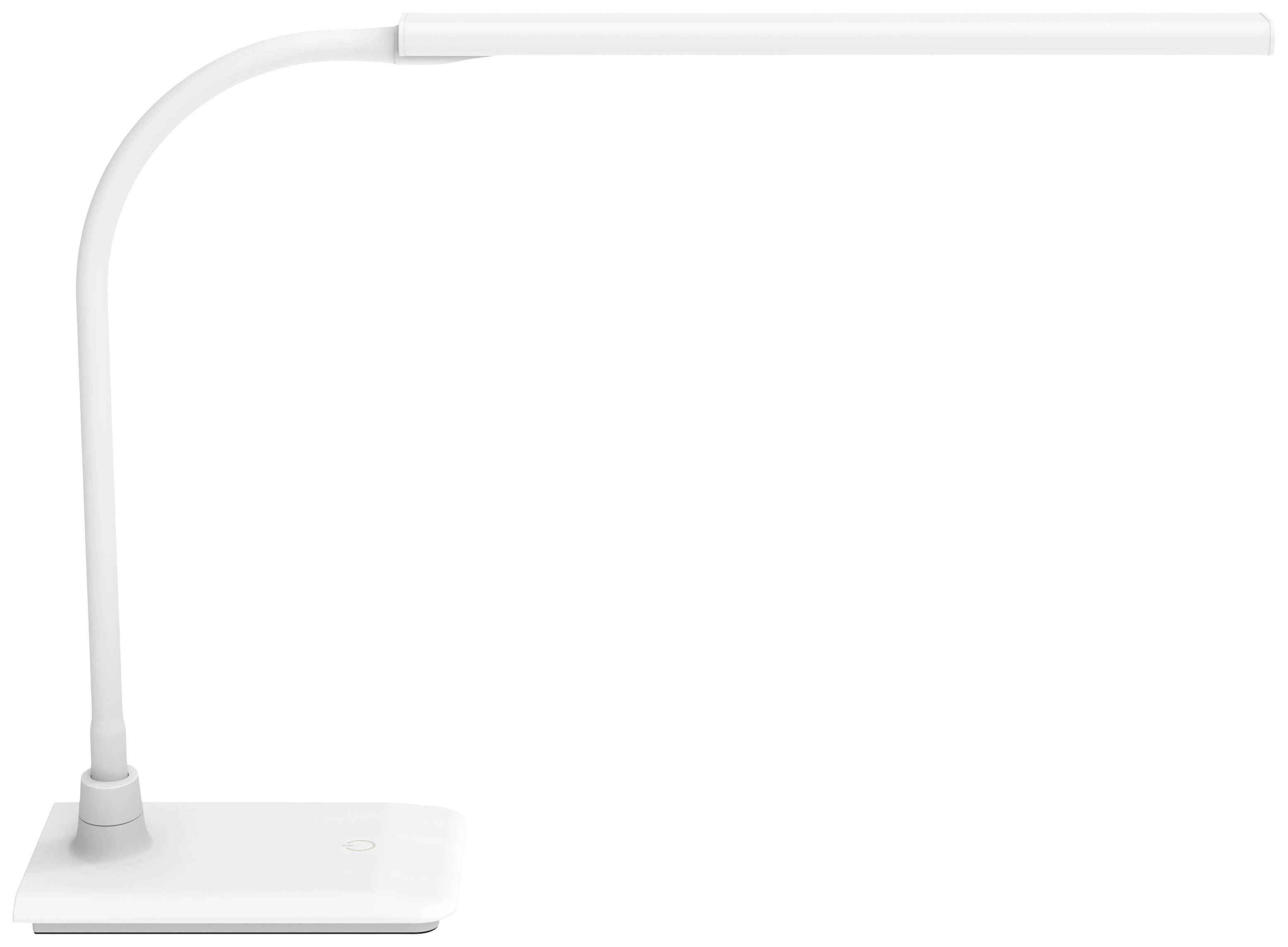 Une lampe de bureau LED blanche et élancée, dotée d'un bras flexible et d'un socle rectangulaire. Idéale pour la lecture ou le travail.