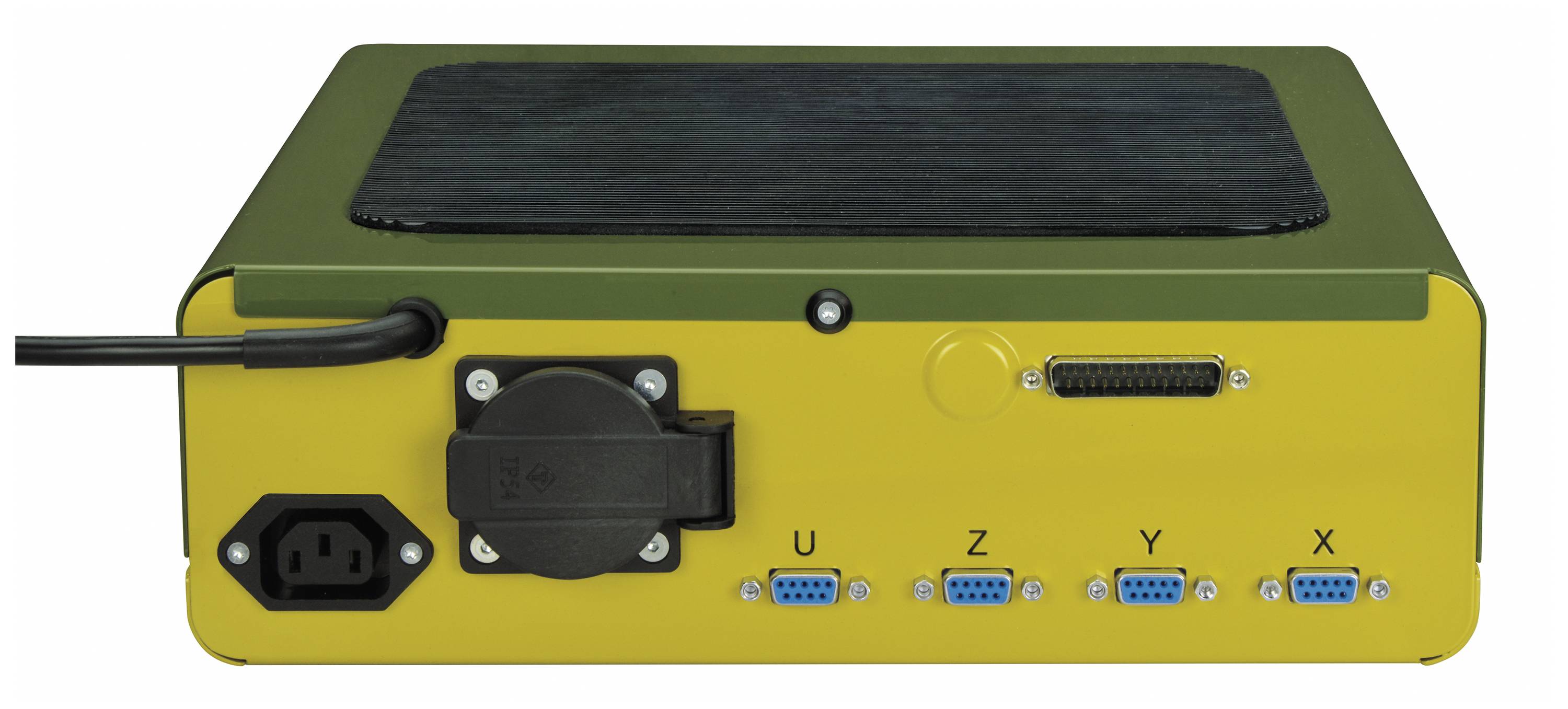 Voici l'arrière d'un appareil électronique doté de plusieurs ports et connexions, dont trois ports DB-9.