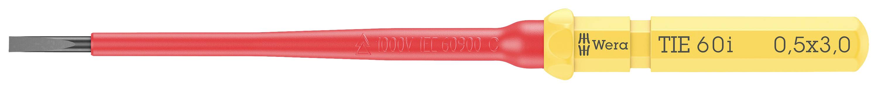 Un tournevis jaune avec une poignée rouge portant l'inscription 'Wiha TIE 601 0,5x3,0', adapté pour les petites vis.