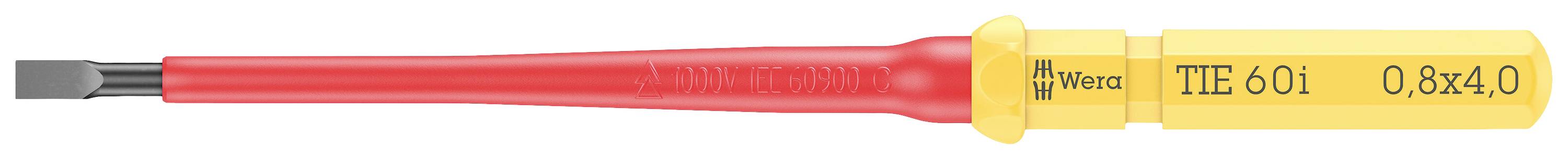 Tournevis Wera TIE 601 avec manche isolé jaune et tige rouge, 0,8x4,0 mm, adapté aux travaux électriques.