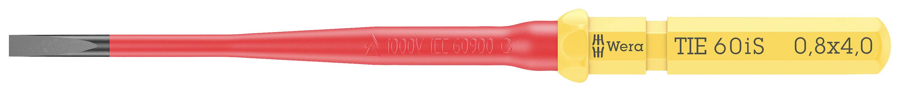 Tournevis isolé avec poignée rouge, tige jaune et embout noir, marqué 'Wiha 860/1 S 0.8x4.0'.