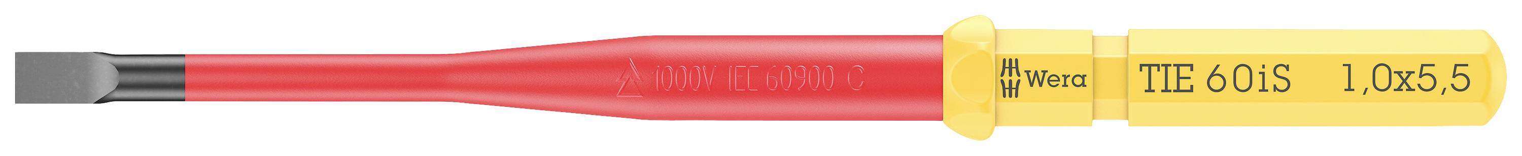 Tournevis à fente isolé Wiha TIE 6.0 SL, manche rouge et jaune, pointe de 1,0x5,5 mm. Adapté aux travaux électriques.