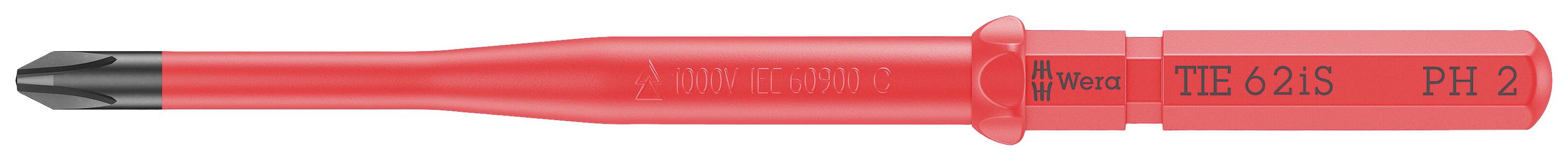 Embout de tournevis rouge, isolé, avec pointe cruciforme noire et marquage 'TE-621S PH 2' sur le manche.