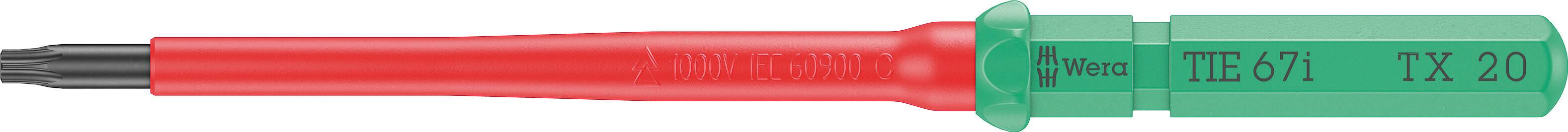 Un tournevis avec poignée rouge et capuchon vert, portant l'inscription 'TEX71 TX 20'. Adapté pour les vis Torx.