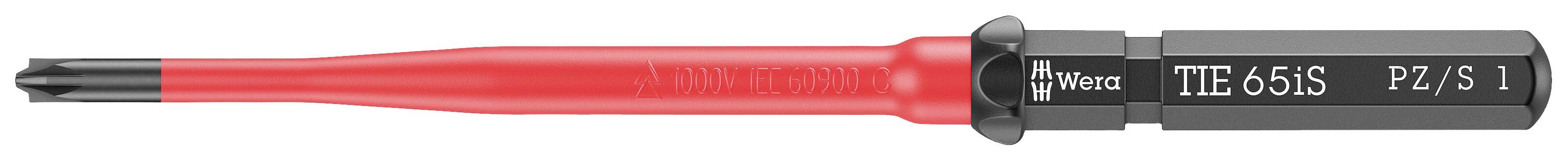 Un tournevis Wiha rouge, isolé, avec un manche noir, portant la mention 'ITE 65IS PZ/S 1'. Adapté pour la sécurité électrostatique.