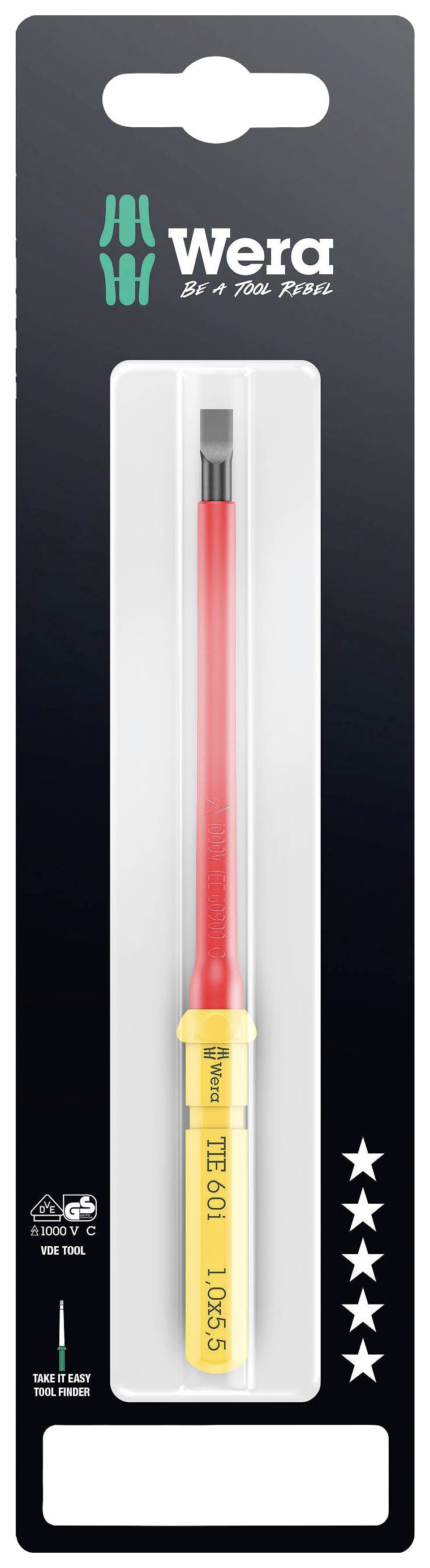 Tournevis Wera avec manche rouge et pointe jaune, emballé, adapté aux travaux électriques. L'emballage présente les spécifications du produit.