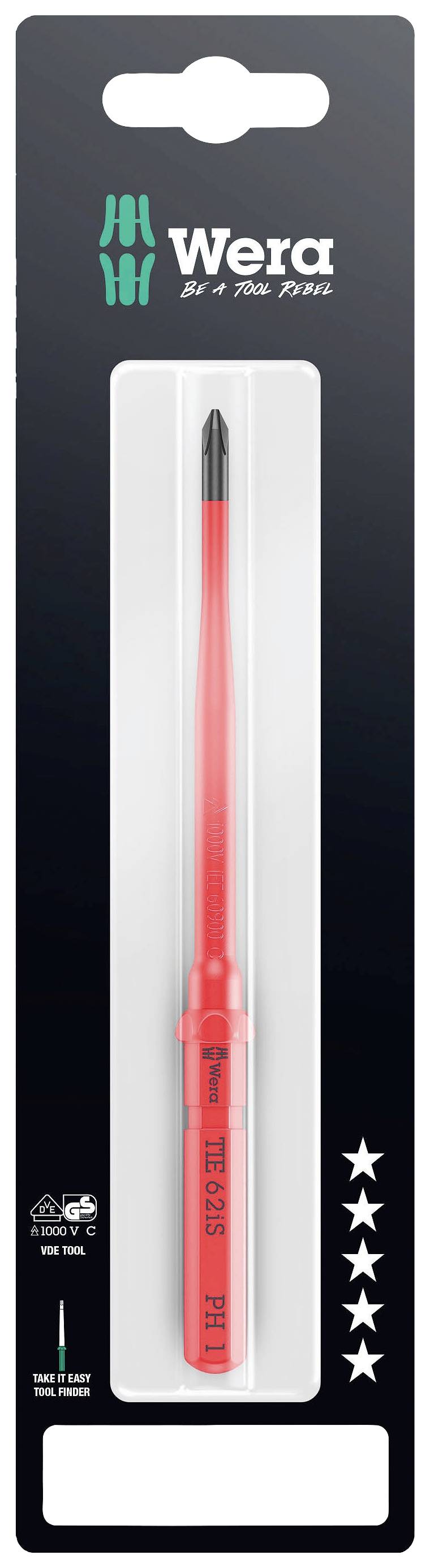 Emballage d'un tournevis Wera à poignée rouge, avec embout PH 1 et tige isolée, présenté sur un fond noir.