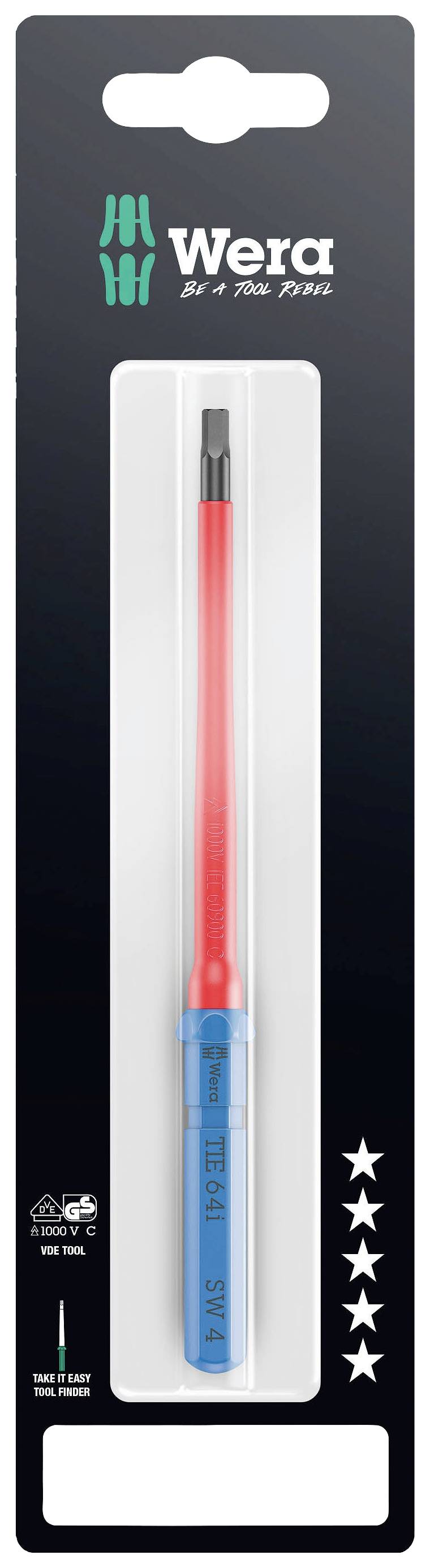 Emballage d'un tournevis Wera à poignée multicolore, isolé pour les travaux électriques, dans un coffret en carton noir.