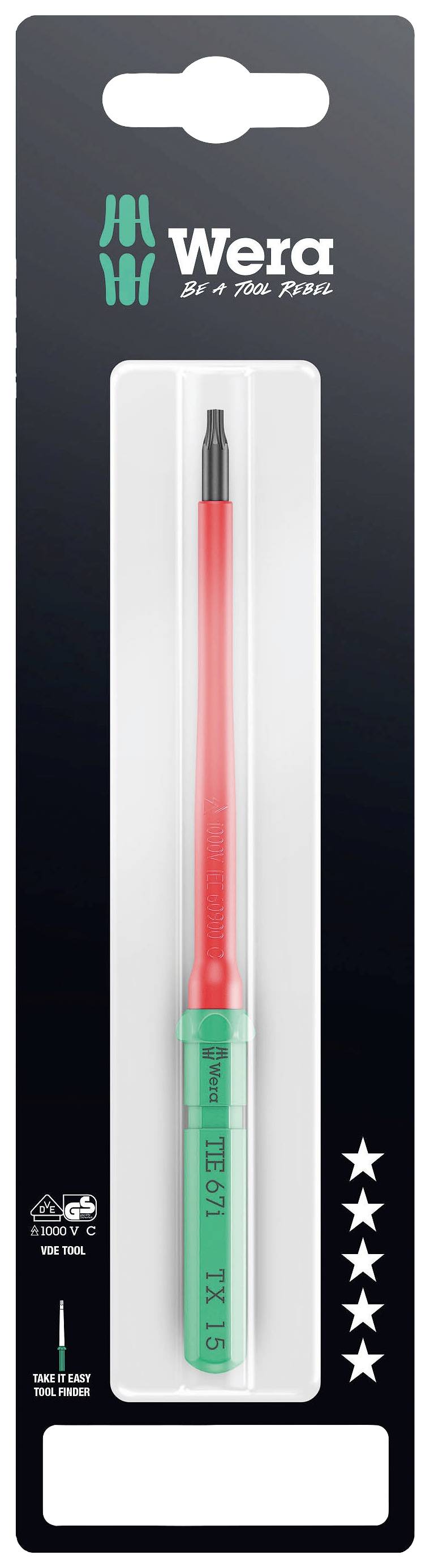 Emballage d'un tournevis Wera vert et rouge, TX 15, doté d'une poignée ergonomique et de symboles de certification de sécurité.
