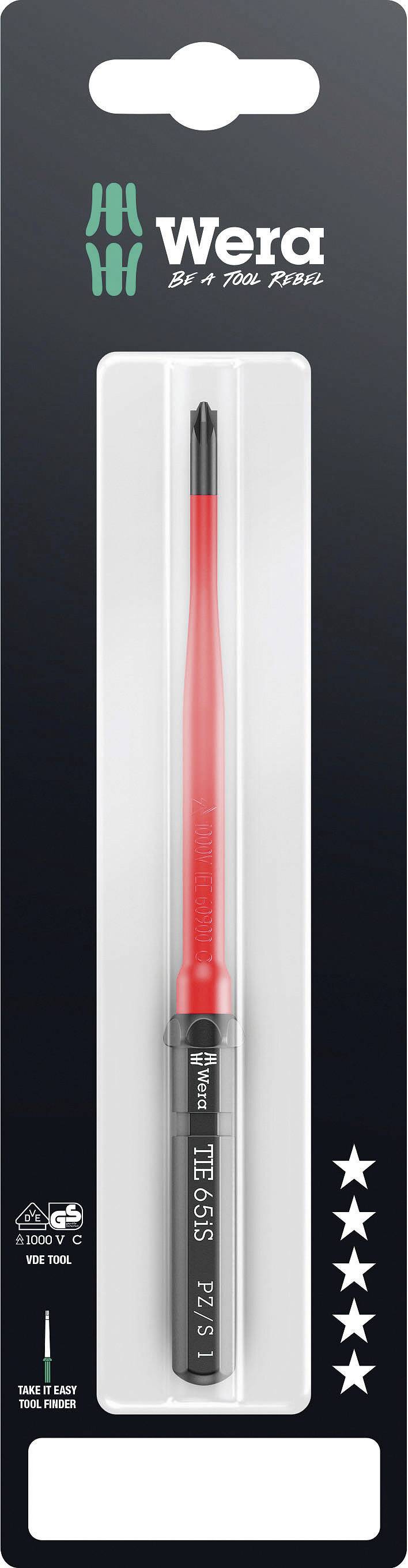 Emballage d'un tournevis Wera, modèle PH2. Manche noir avec tige rouge. L'emballage présente quatre étoiles et des certificats de sécurité.