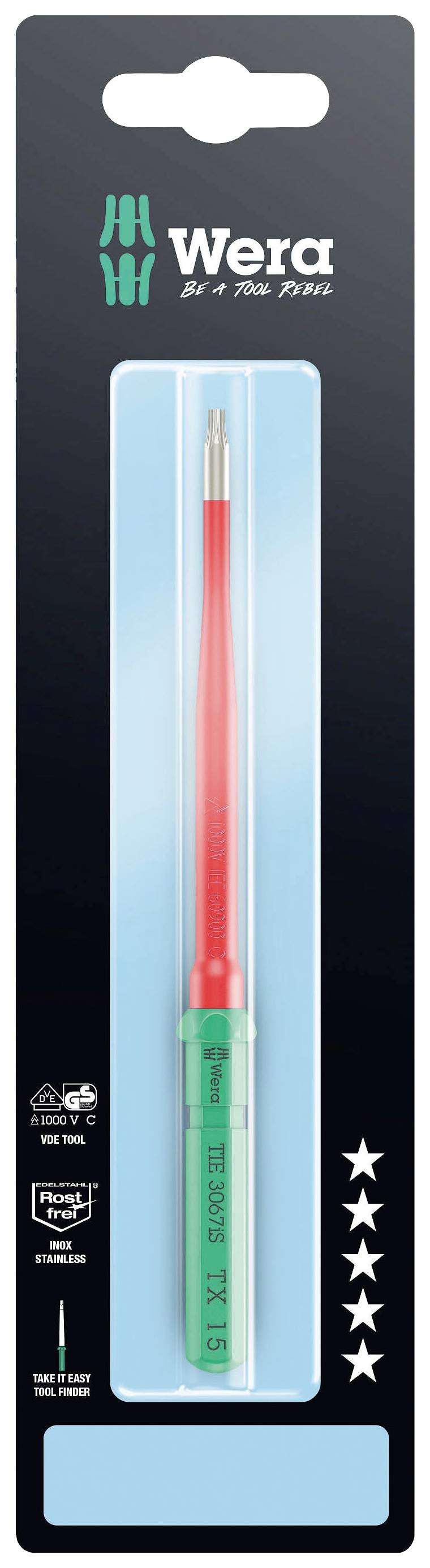 Tournevis 'Wera' pour électriciens, marquage rouge et vert, dans un emballage noir avec cinq étoiles.