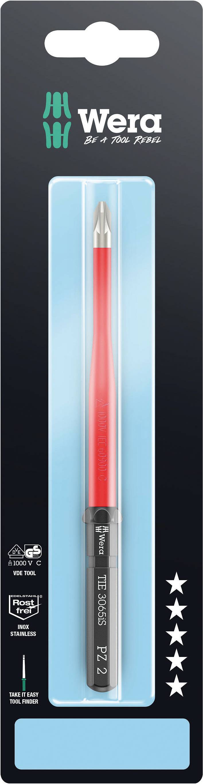 Tournevis Wera avec embout dans son emballage. Manche rouge, pointe argentée, texte 'PH2'. L'emballage présente le logo et une notation de 4 étoiles.