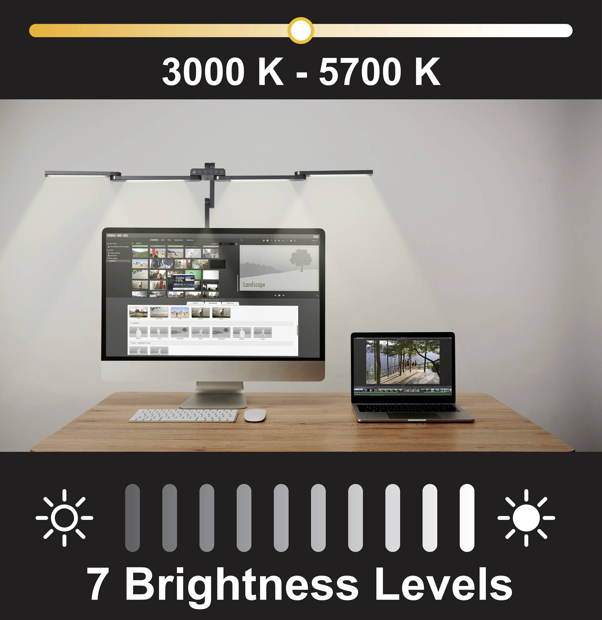 Lampe de bureau LED avec température de couleur de 3000K-5700K, 7 niveaux de luminosité. Éclaire un ordinateur de bureau et un ordinateur portable sur un bureau.