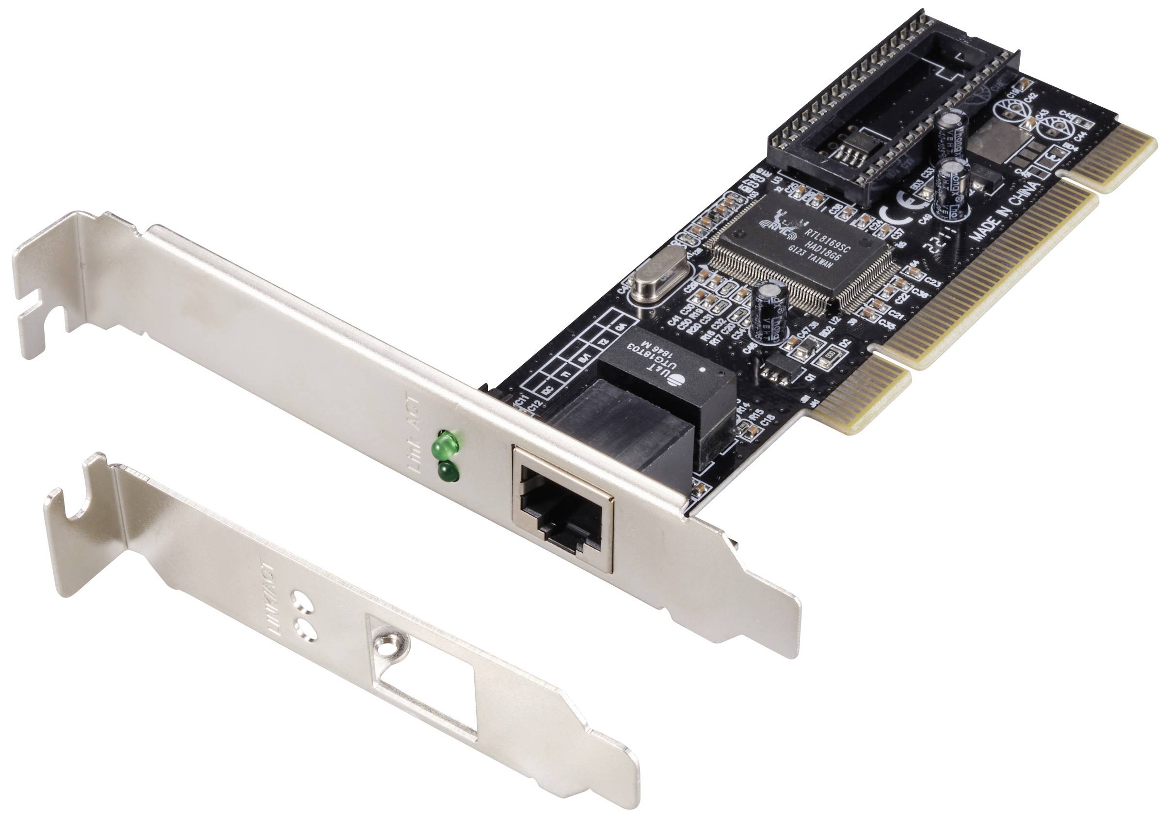 Carte réseau avec port Ethernet et circuits imprimés, présentée avec un support métallique séparé.
