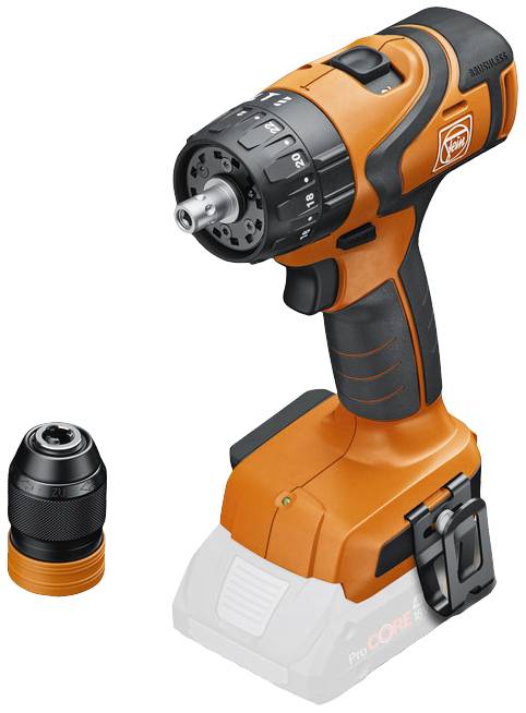 Visseuse-perceuse sans fil en tons orangés avec une tête de perceuse amovible à côté. Adaptée pour diverses applications de perçage et de vissage.