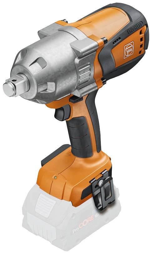 Un tournevis à chocs orange, alimenté par batterie, avec un boîtier robuste et une poignée ergonomique. Le compartiment de la batterie est visible en bas.