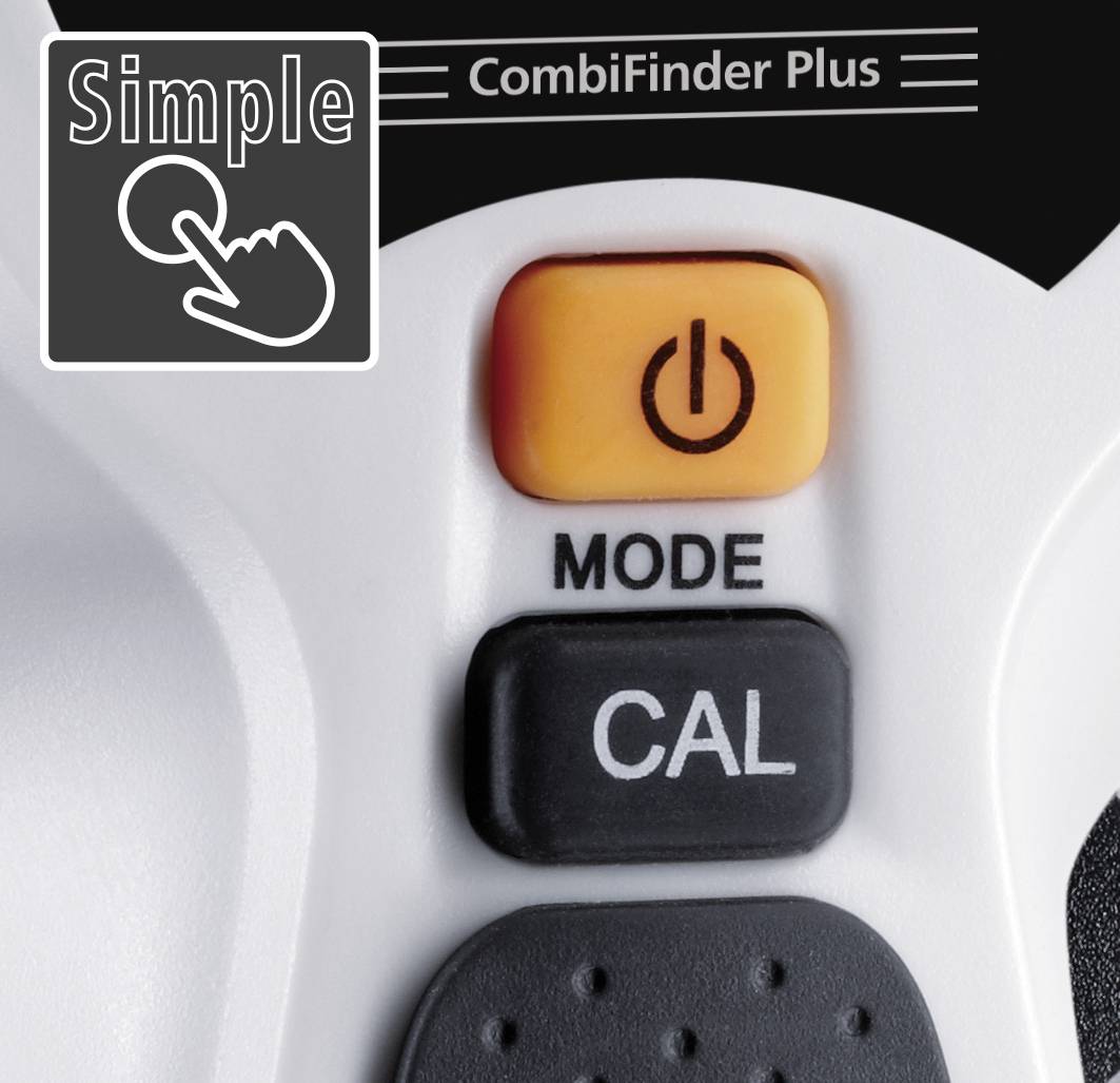 Gros plan d'un appareil portant l'inscription 'CombiFinder Plus', montrant les interrupteurs 'MODE' et 'CAL', ainsi qu'un symbole jaune de mise en marche/arrêt.