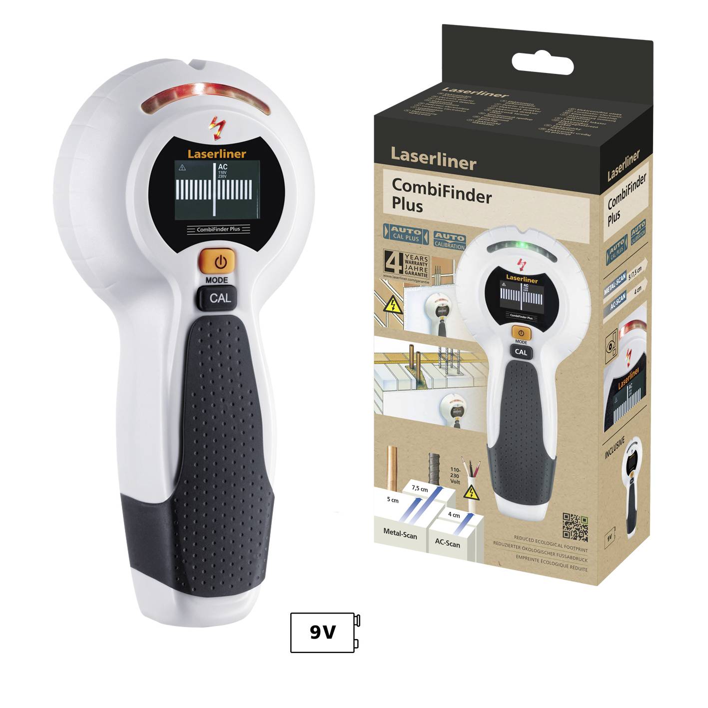 Appareil portable de détection de métaux et de lignes électriques. L'emballage présente des exemples d'utilisation et les modes de fonctionnement. Fonctionnement sur batterie.