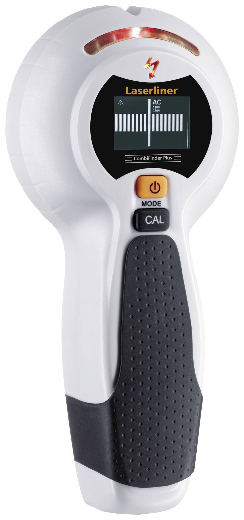 Un appareil portable avec écran affichant des valeurs de tension électrique. Boutons 'MODE' et 'CAL' visibles. Poignée de transport avec revêtement en caoutchouc.